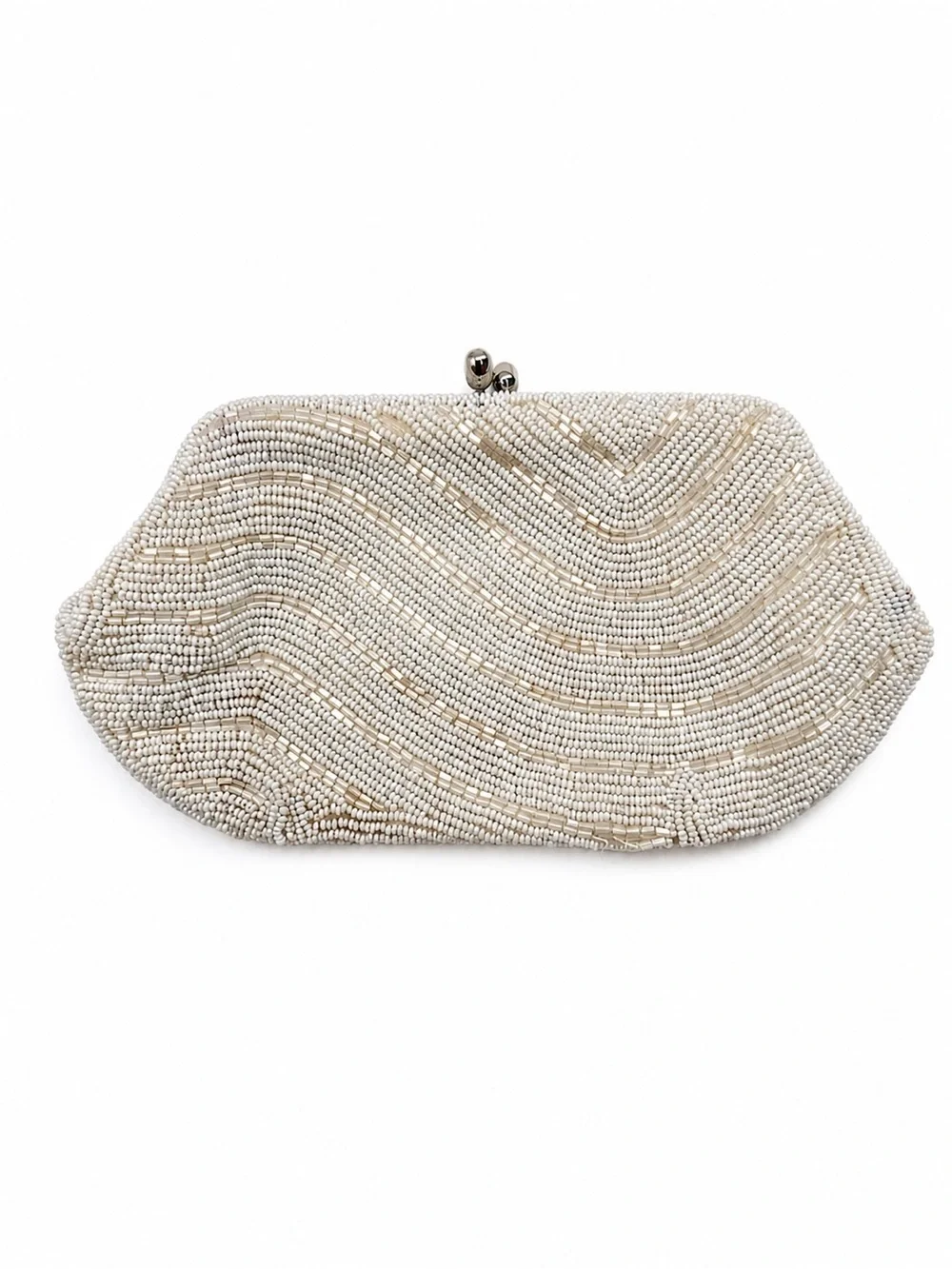 Vintage Unbranded Ivory Beaded Silver Clutch Evening Bag Small Dainty Bridal